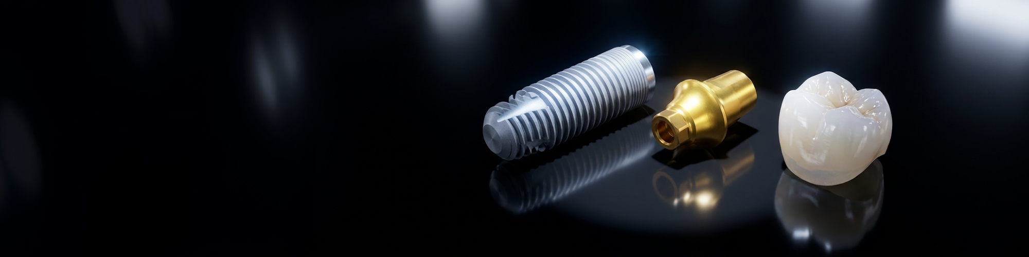 Dental implant post, abutment, and crown on black surface.